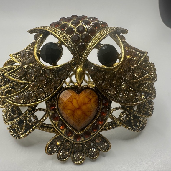 Antiqued Tone Owl Clamper Bracelet Rhinestone Statement Goth Heart Crystal Cuff - Picture 9 of 9